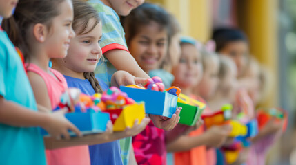 Fototapeta premium Kids handing out toys in an organized line, joyful and vibrant, bottom third copy space