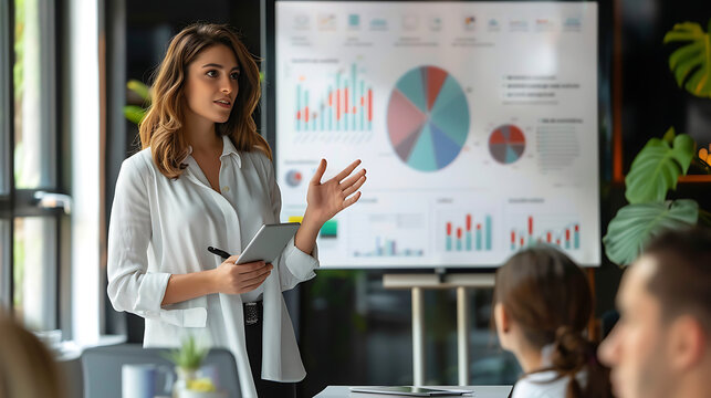 woman in business giving a presentation in an office room, woman executive, businesswoman, finance, marketing, accounting, leadership, entrepreneurship