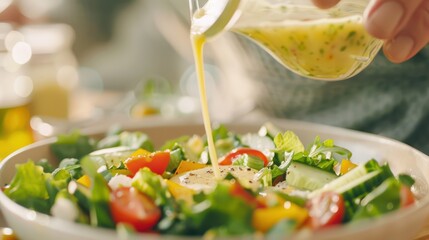 A close-up of a fresh salad being drizzled with olive oil, highlighting healthy ingredients. Concept: nutritious meal.