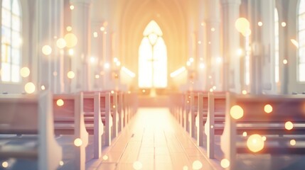 Stunning bokeh lights in a church interior, creating a warm and festive atmosphere. Ideal for spiritual and celebratory concepts.