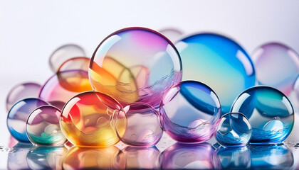 Rainbow soap bubbles against white background. Abstract multi-color backdrop. Bubble show.
