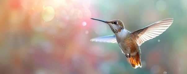 Naklejka premium A photorealistic image of a hummingbird hovering in mid-air, its wings beating so fast they blur into motion.