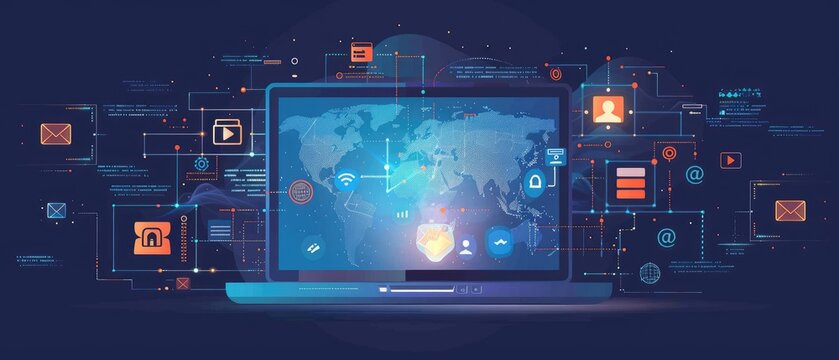 laptop computer front view showcasing chat use cases with icons for visuals audio text and code generation against digital network and world map background