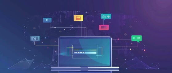 icons for visuals audio text and code generation in chat use cases shown on a laptop computer front view with a digital network and world map background