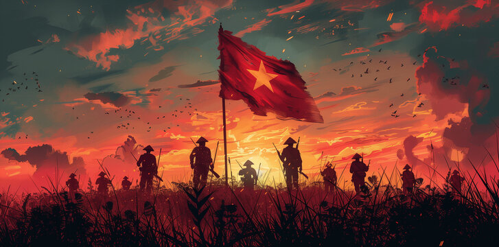 Happy Independence Day, Vietnam! Stripes in the style of Vietnam celebrate its independence day with flags and silhouettes of warriors fighting for freedom