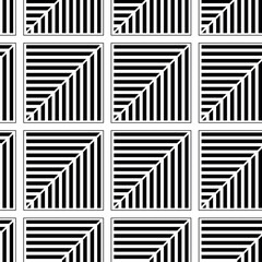Abstract geometric pattern with squares, stripes, lines. Seamless vector background. White and black ornament. Modern reticulated graphic design.