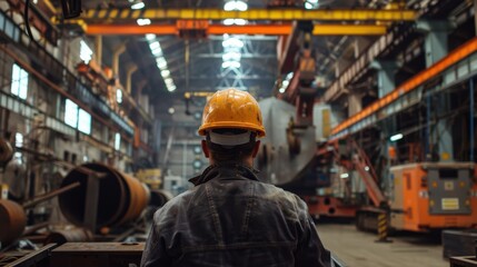 Worker in a hard hat operating a large crane in a metal yard