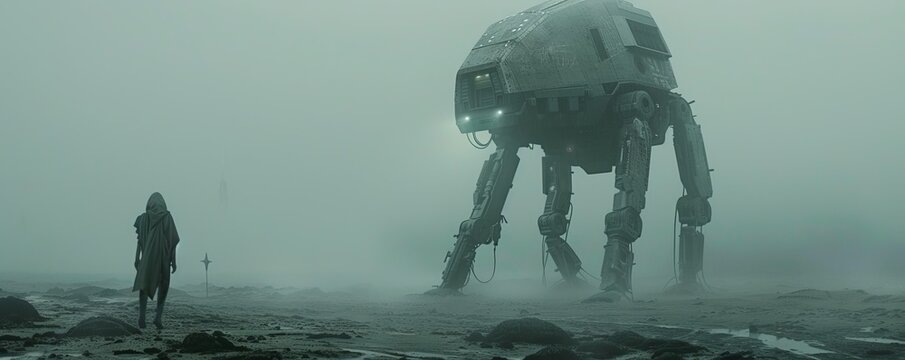 A robot exploring a desolate alien world.