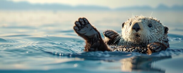 Fototapeta premium Playful sea otter floating on its back in the ocean, 4K hyperrealistic photo