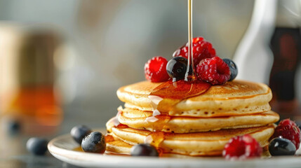 Stack of pancakes topped with fresh berries and drizzled with maple syrup