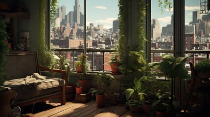 Urban Jungle Balcony. AI generated art illustration.