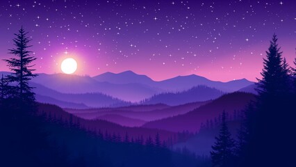A purple night sky with mountains and trees