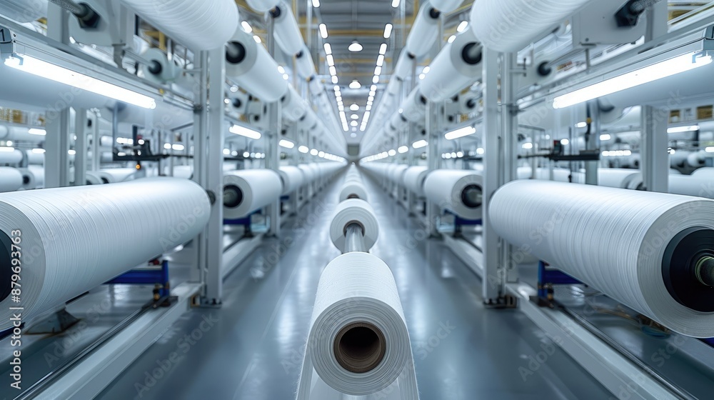 Poster A textile factory with white rolls of fabric suspended on two rows, creating an impressive scene of production and technology in the area of yarn production or weaving machines. Generative AI.