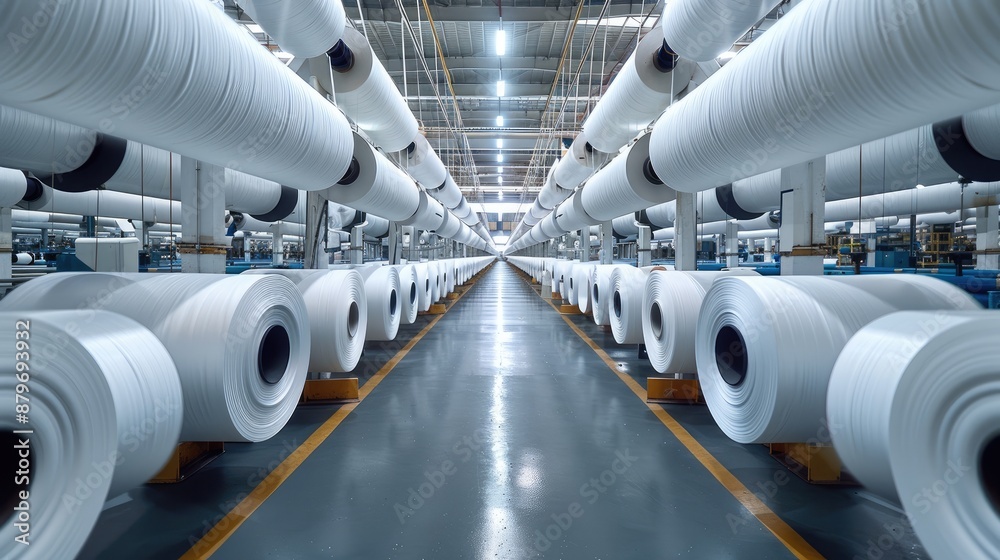 Poster A textile factory with white rolls of fabric suspended on two rows, creating an impressive scene of production and technology in the area of yarn production or weaving machines. Generative AI.