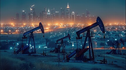 A realistic night view featuring the backdrop of modern building city, with its iconic skyline illuminated by city lights. The focus is on several oil pumps in the foreground. Generative AI.