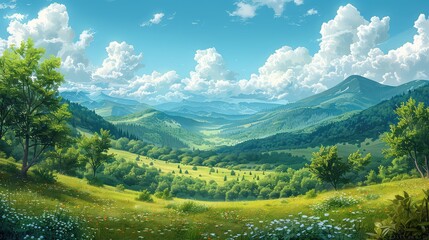 Beautiful summer landscape with meadow and high mountains nature background