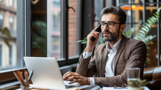 A businessman talking on his mobile phone while sitting in front of his laptop showing business related content.
