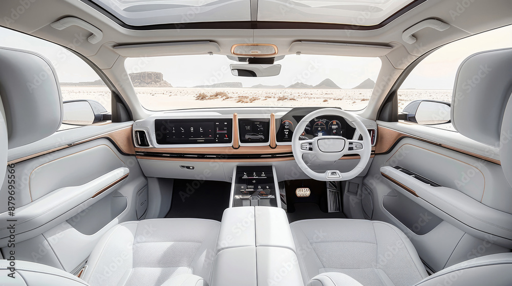 Poster the suv has a large rear space, three seats, all-white leather interior, center console and flat-pan