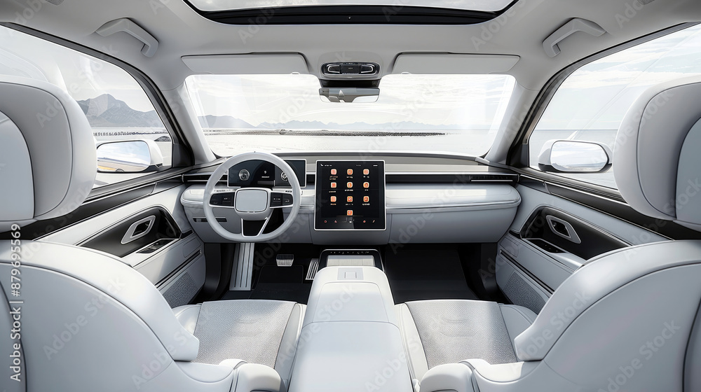 Poster the suv has a large rear space, three seats, all-white leather interior, center console and flat-pan