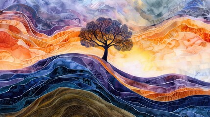 Abstract watercolor of a lone tree with swirling patterns, bold and dynamic, artistic interpretation