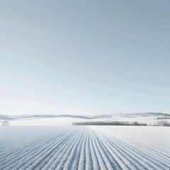 Snow-covered field with perfectly parallel rows extending to the horizon, set against a clear blue sky and distant rolling hills.