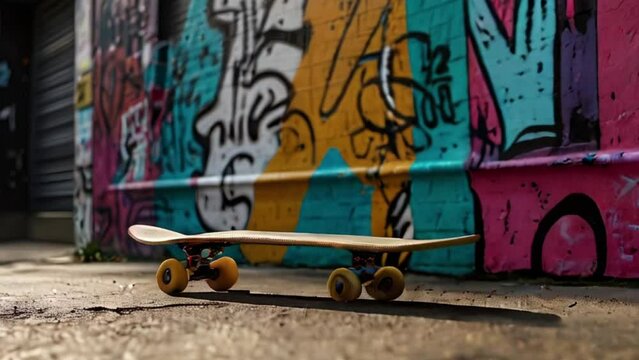 Skateboard Against Graffiti Wall in Urban Setting