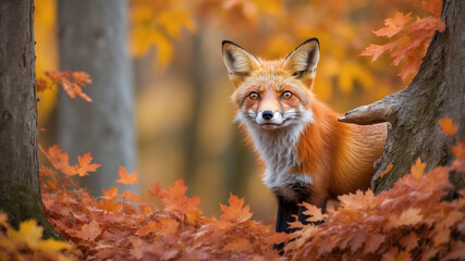 Red Fox in Autumn Forest with Fallen Leaves
