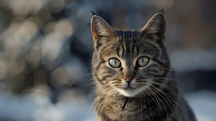 Obraz premium Cat in the Snow: A Close-Up of a Beautiful Tabby Cat with Piercing Green Eyes and Whiskers in a Winter Wonderland