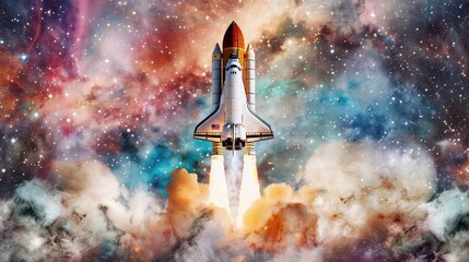 Obraz premium detailed watercolor artwork of a space shuttle soaring through a starry sky