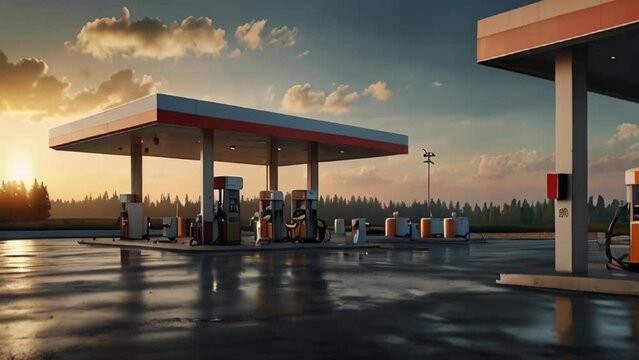 Gas Station at Sunset with Wet Pavement
