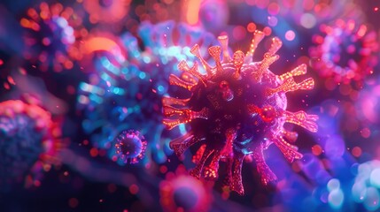 Vibrant neon lights showcasing the structure of a virus at high magnification