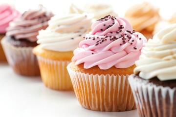 Colorful cupcakes with various frosting flavors arranged in a row, showcasing a delicious and delightful dessert selection.