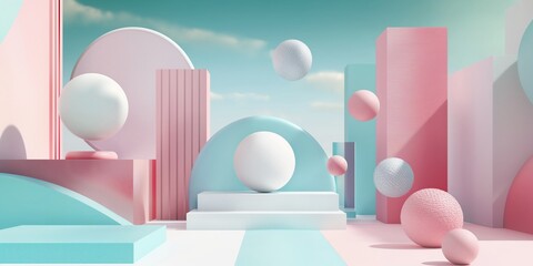 Abstract geometric shapes in pastel colors, modern 3D composition with spheres and cubes, pastel art and design concept