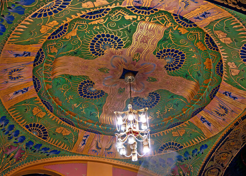  rich decorated ceiling with light in art nouveau style  at the Palace of Culture in Bistrita (Bistritz) in Transsylvania, Romania