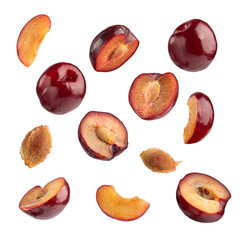 set of plums, plum halves and slices isolated png