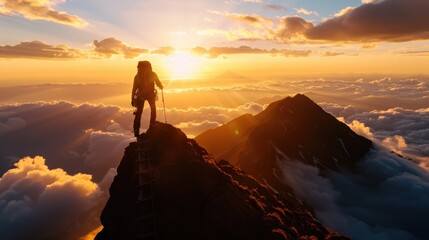 Silhouette of a mountain climber reaching the summit at dawn, with shadows of clouds drifting