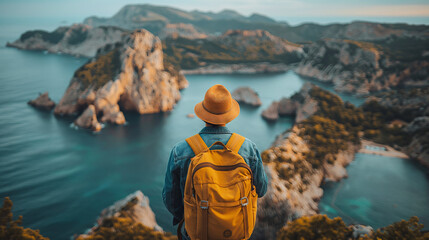 Fototapeta premium Man with Yellow Backpack and Hat Hiking Along Scenic Coastal Landscape