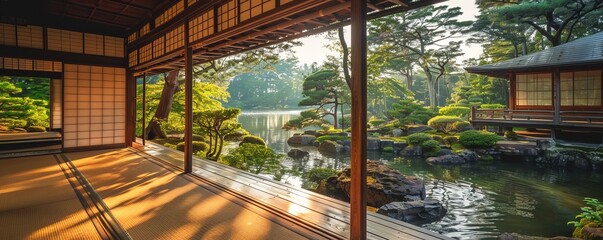 Fototapeta premium A traditional Japanese teahouse with tatami mats, shoji screens, and a serene garden.
