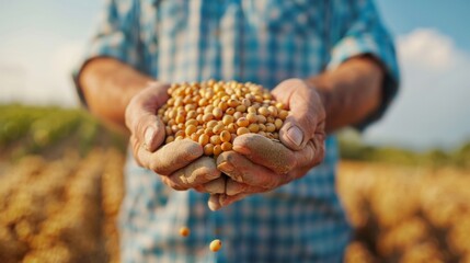 Farmer Holding Bountiful Harvest of Soybeans in Sunlit Field
