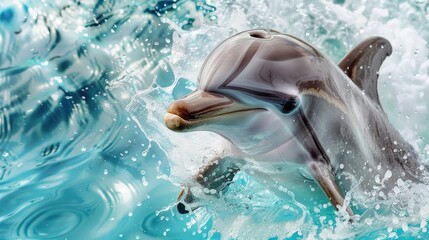 Fototapeta premium Watercolor dolphin in a splash of turquoise water widescreen format