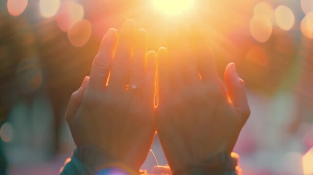A sign of the strength of faith and the constant presence of God or Jesus Christ, human hands are raised to heaven and their fingers extended in prayer.