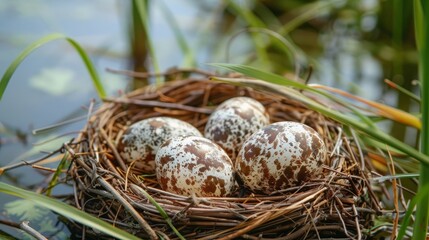 Obraz premium Detailed view of a grebe’s nest with small, spotted eggs