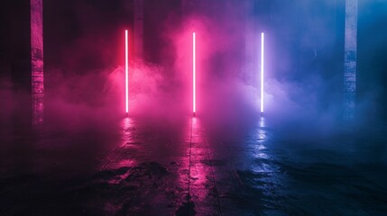 Neon light beams in a foggy dark room with a reflective floor