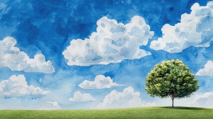Fototapeta premium Watercolor scene of a single tree in a vast meadow, bright and cheerful, with blue skies and fluffy clouds