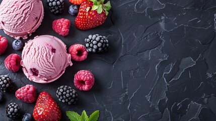 Delicious berry ice cream scoops with fresh berries on textured dark background