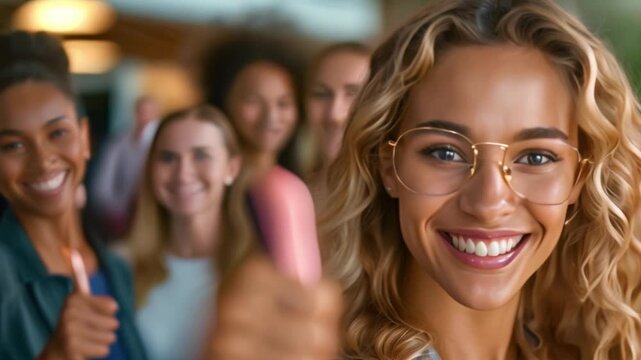 Against the backdrop of professional collaboration, the businesswoman genuine smile and thumbs-up gesture epitomize the spirit of teamwork and mutual support	