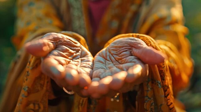 As a sign of the strength of faith and the constant presence of God, or Jesus Christ, human hands are raised to heaven with fingers extended in prayer.