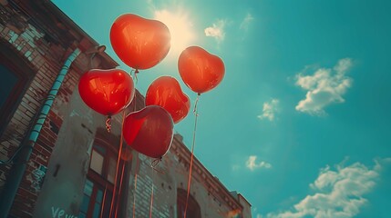 Heart-shaped red balloons floating up.
