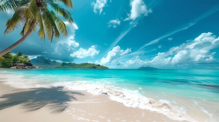 Tropical beach with palm tree, bright blue ocean, and clear sky. The image showcases a serene and pristine beach landscape. Ideal for travel, vacation, and paradise themes. AI