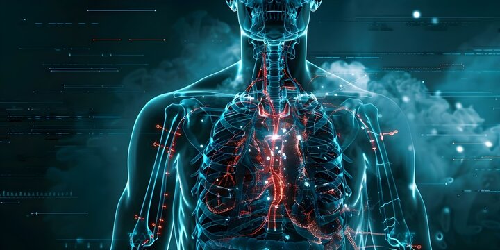 Male Chest X-ray with Cybercore Theme and Key Structures Highlighted. Concept Male Chest X-ray, Cybercore Theme, Key Structures Highlighted